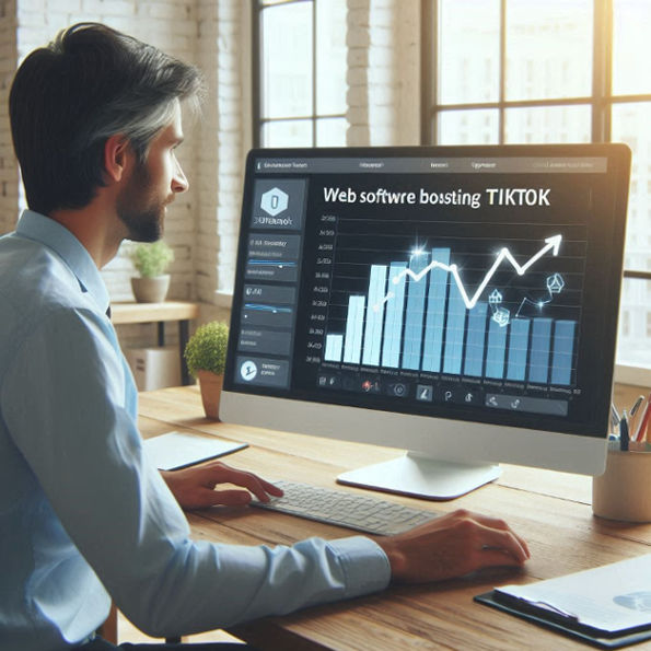In a bright office, a professional examines a graph on a computer screen, showcasing web software’s role in boosting TikTok views.