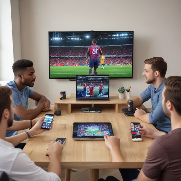 A diverse group of fans watching an EPL match on various devices, including a laptop, smartphone, and smart TV.
