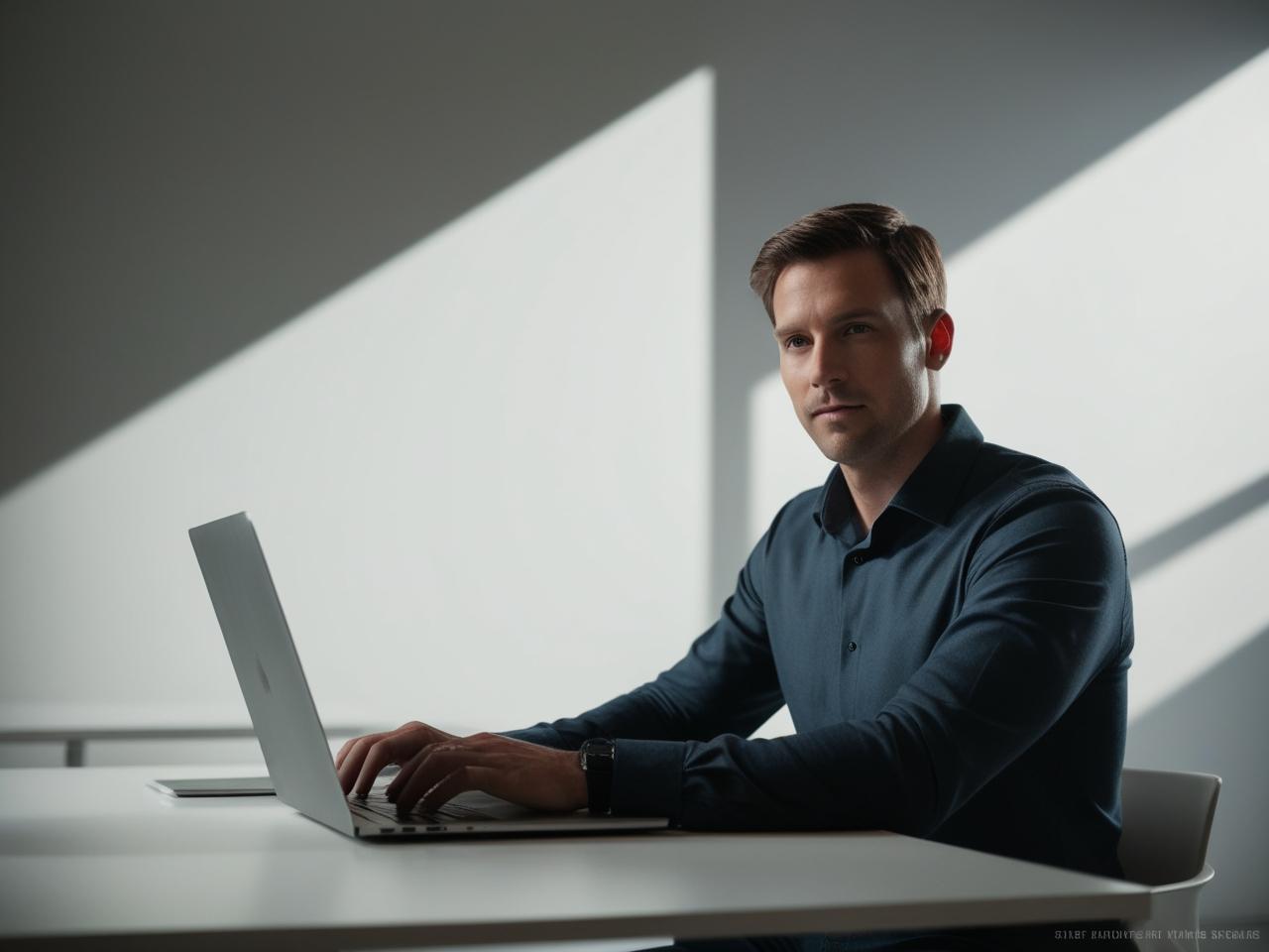 Male web developer at minimalist desk, natural lighting, clean background, professional appearance.