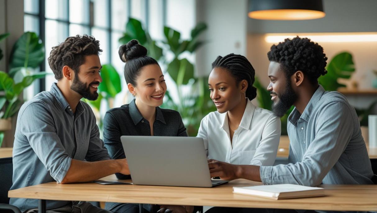Young professionals collaborating on laptop in bright coworking space with natural plants.