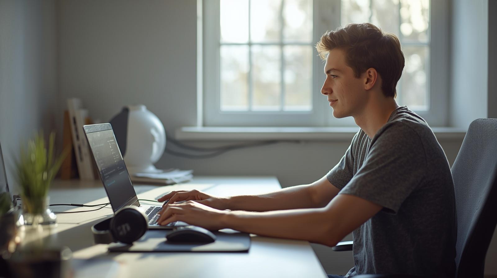 Man smiling while using laptop for gaming platform in bright modern room.