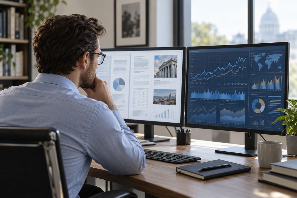 researcher reviewing financial disclosures and economic charts